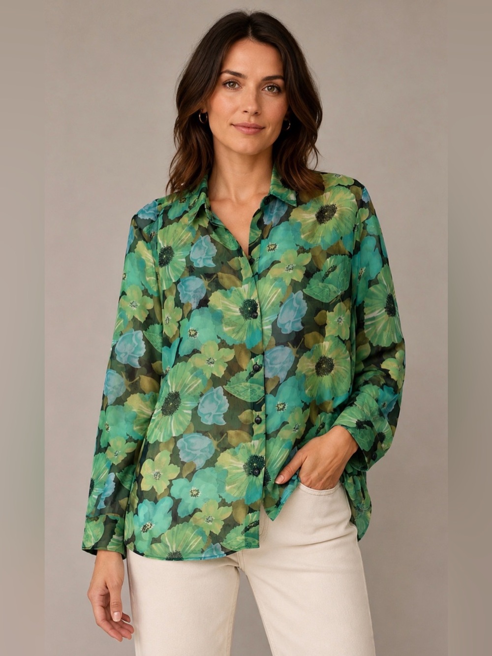 Notations 1X Sheer Floral Blouse Aqua Green Button Up Lightweight Plus Size Top